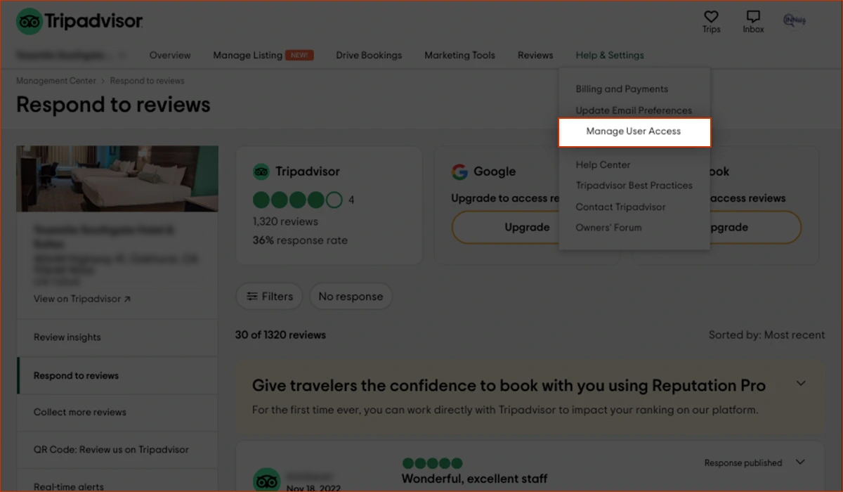 Once logged into your account go to Help & Settings>Manage User Access